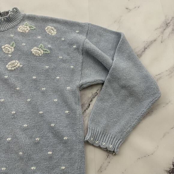 Catalina Womens Vintage 90s Cottagecore Sweater Size L Pastel Blue Beaded Flower - Picture 3 of 12